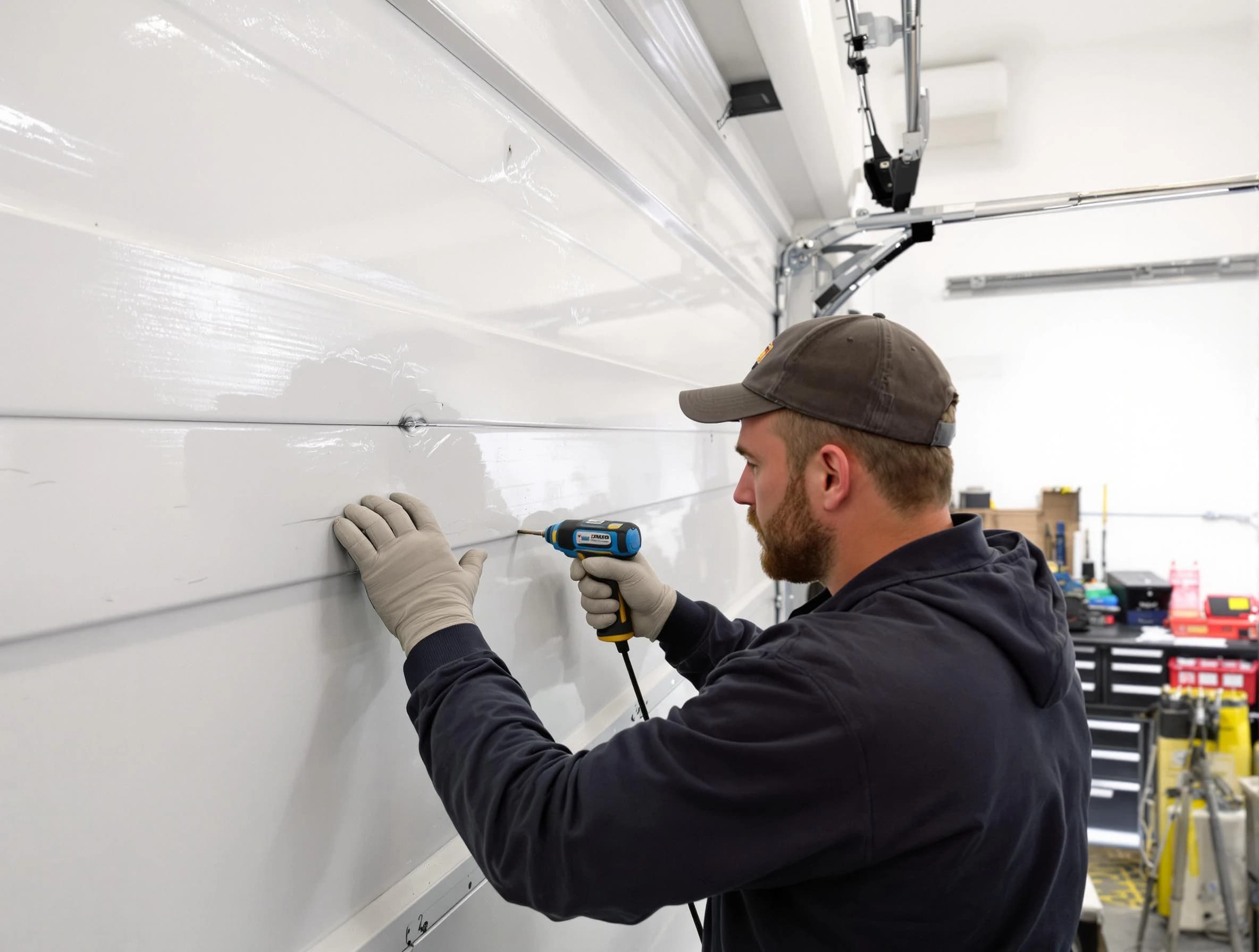 Holladay Garage Door Repair technician demonstrating precision dent removal techniques on a Holladay garage door